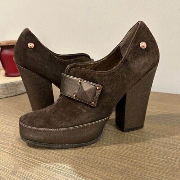 VTG 90’s Calvin Klein Brown Suede Platform Chunky Heel Retro Women’s Size 8.5 - Picture 2 of 11